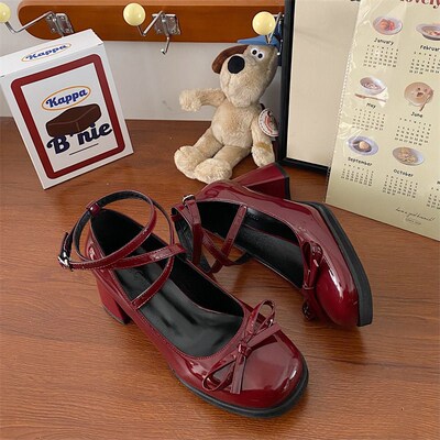 Red Mary Jane Women Pumps Thick High Heels Shoes Female Loli