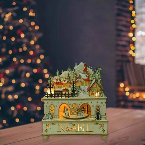 Christmas Village House Rotating Music Box Wind Up LED Light