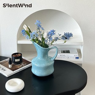 SilentWind寂风韩风清新蓝色提壶花瓶陶瓷插干鲜花器家居桌面摆件