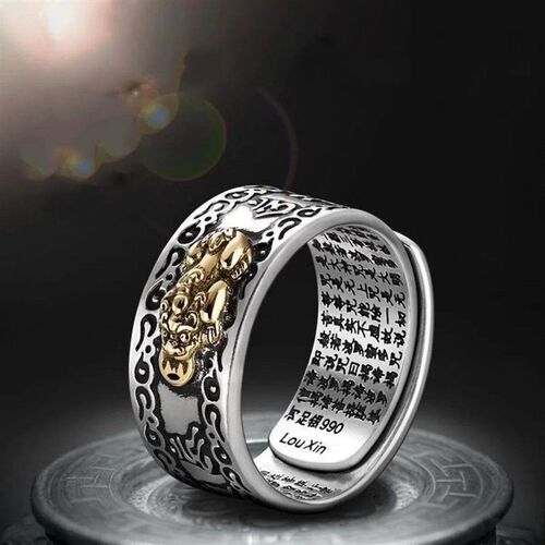 Chinese Feng Shui Pixiu Ring Silver Plated Copper Coins Adju