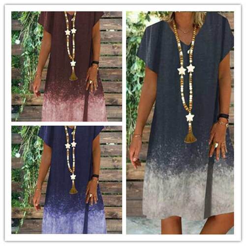 Womens Fashion Two-Color Gradient Short Sleeve V-Neck Dress