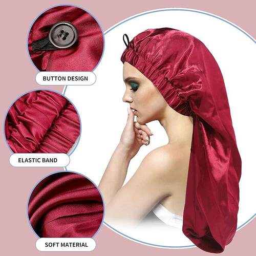 New Women Long Satin Bonnet Large Sleep Cap With Button Brai