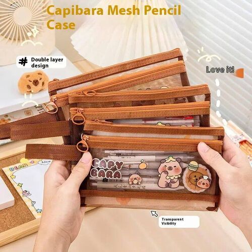 Portable Pen Bag Cartoon Capybara Transparent Mesh Pencil Ca