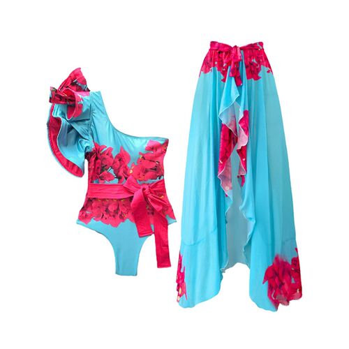 Fashion Floral Print Ruffle Colorblock One-Piece Swimsuit Vi
