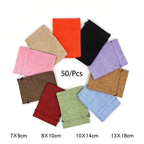 50Pcs/Lot Drawstring Natural Burlap Bag Jute Gift Bags Multi
