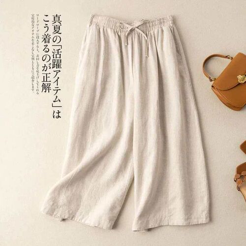 Falling cotton and linen three-quarter wide-leg pants for wo