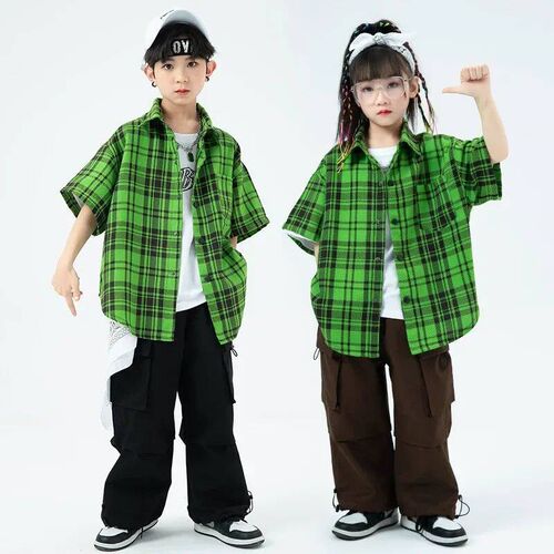Kids Hip Hop Clothes Sreet Dance Costume Plaid Short Sleeve