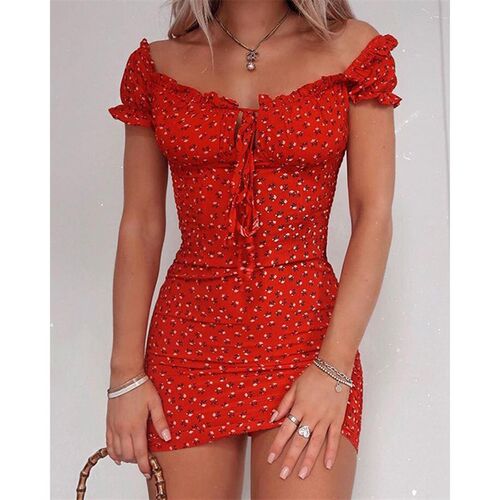 Summer Women Floral Wrap Dress Off Shoulder Tie Up Front Ruf