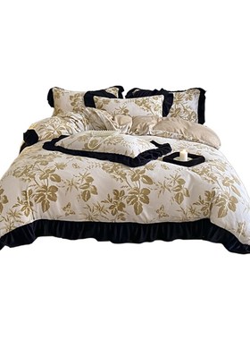 沉浸浪漫复古法式加厚四件黑色荷叶边冬天法莱绒1.8m笠