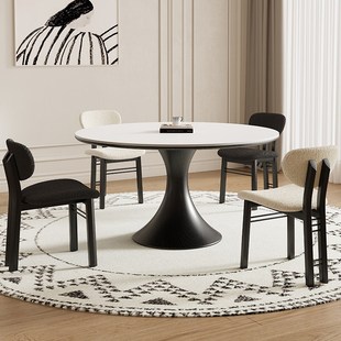 德利丰实木岩板餐桌家用小户型黑色圆形法式奶油中古风高端圆桌子