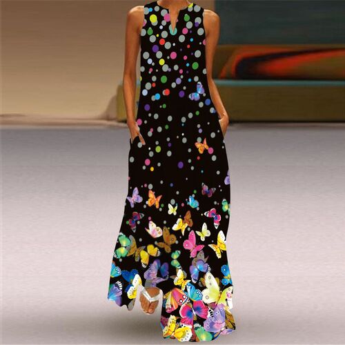 Vintage Women 3D Printing Sleeveless Boho Long Dress Summer