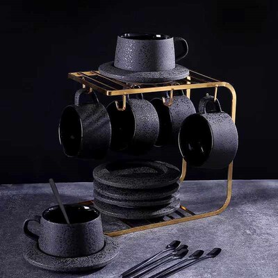 Black Matte Coffee Cup  Set Ceramic Cups with Spoon & Holder