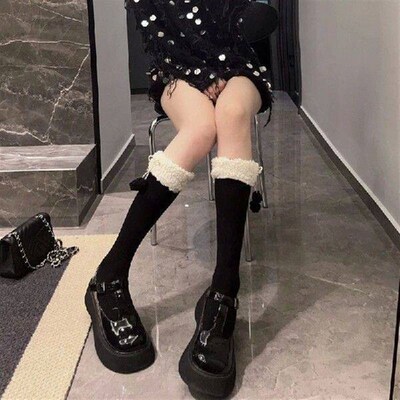 2 Pairs Women Japanese Calf Long Socks Faux Lamb Wool Furry