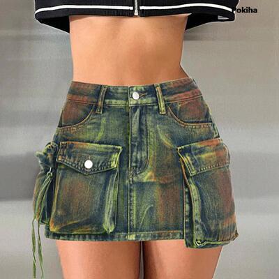 Women Asymmetrical Pockets Denim Mini Skirts Sexy Fashion
