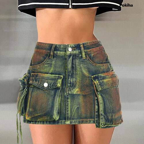 Women Asymmetrical Pockets Denim Mini Skirts Sexy Fashion