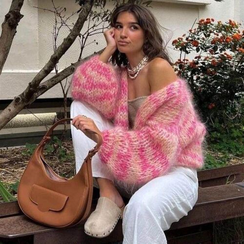 New Pink Striped Autumn Front Open Sweaters Long Lantern