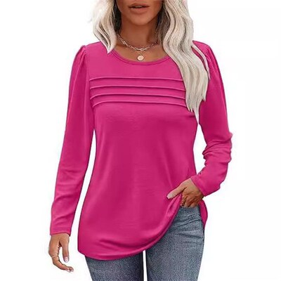 2025 Womens Round Neck Long Sleeve Tuck Line Pleated Top