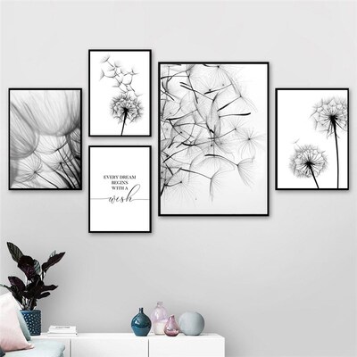 Modern Dandelion Wall Art  Painting Black White Wish Quote P