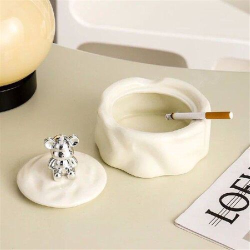 Ceramic Rabbit Ashtray White Silver Decorative Storage Tank
