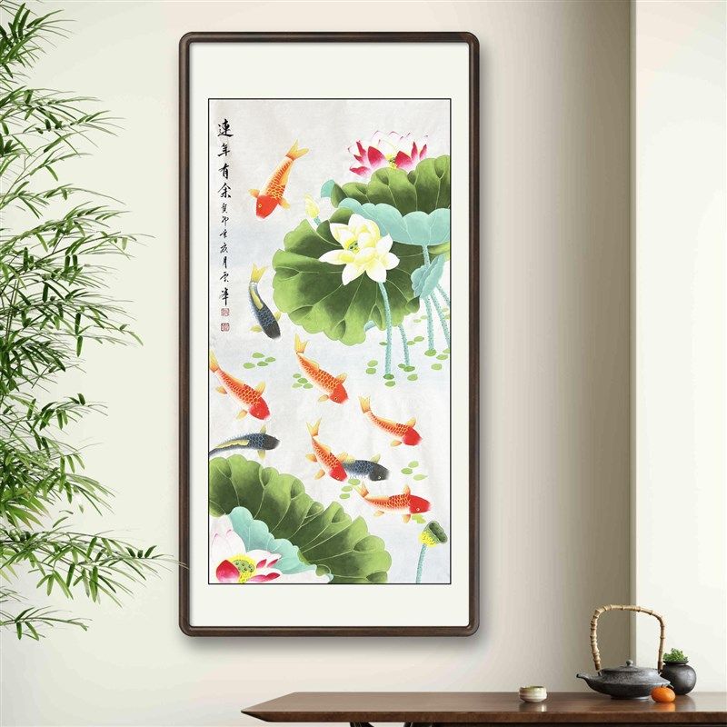 手绘荷花九鱼图玄关装饰画事事如意入户过道走廊竖版挂画国画花鸟,家居饰品,国画,淘宝优惠券,粉丝福利购,淘宝优惠卷
