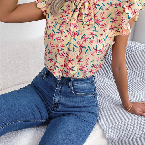 Women Casual Floral Print Bow Ruffles Chiffon Blouse Summer