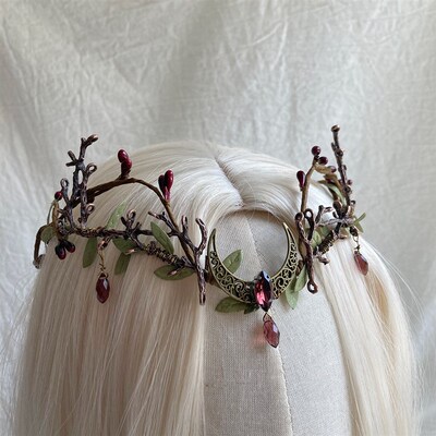 Handmade Woodland Elven Forest  Leaves Crown Red Waterdrop T