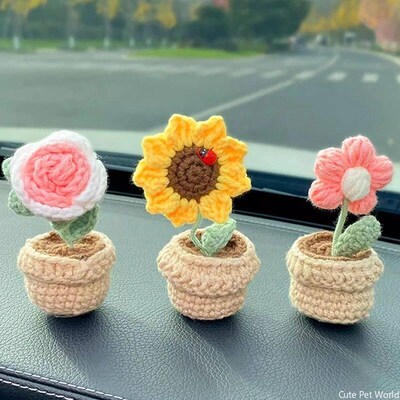 Mini Crochet Flower Potted Tulip Sunflower  Plum Blossom Art