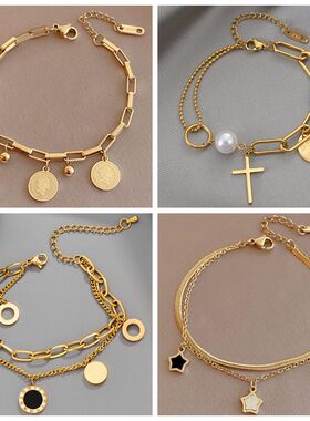 Stainless Steel Layered Golden Pendant Bracelet For Women Re