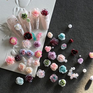 12Grids 3D Gradient Resin Rose Flower Nail Art Charms Colorf