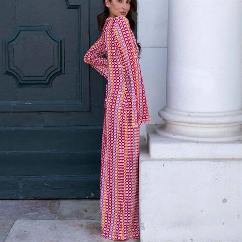Crochet Colorful Stripe Maxi Dress Women Flare Sleeve Deep