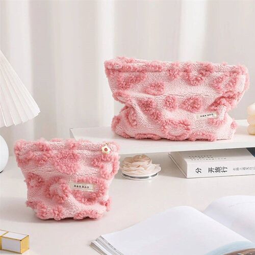 Plush Cute Pink Love Makeup Bag Portable Skincare Product Li