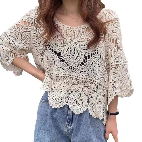 Hollow Crochet Knit for Sun for PROTECTION Floral Blouse Wom