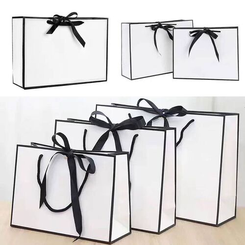 1pc White Paper Tote Bag Business Bag Black Border Bow Packa