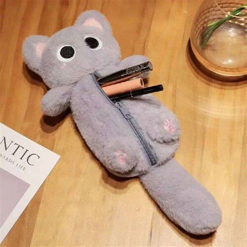 Plush Gray Cat Pencil Bag Thicken Large Capacity Cute