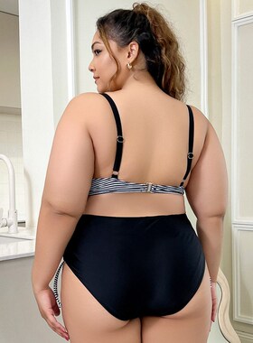 Big Size Womens Bikini Striped Print High Waist Triangle Pan