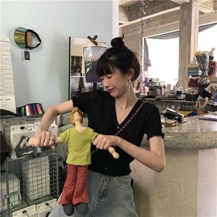 Woman TShirts Summer V-neck Hollow Knitwear Womens Short Sl