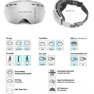 Ski Goggles UV400 Protection Snowboard Eyewear Anti-fog Big