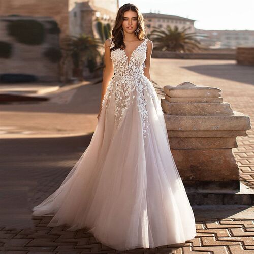 Romantic V-neck Sleeveless Wedding Dress Vestido De Noiva Cu