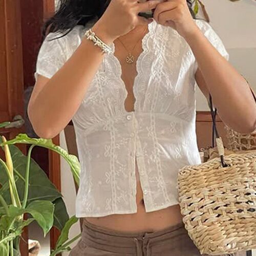French Girly Style Butterfly Texture Lace V-neck Buckle Shir