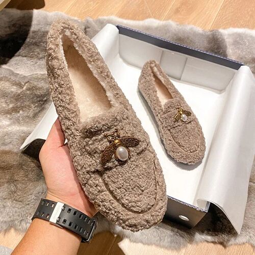 2023 New Womens Winter Plush Shoes Wear non slip warm flat