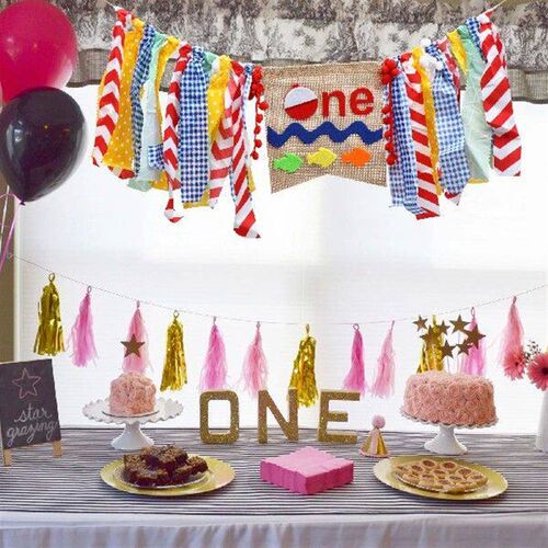 Fishing Themed Latte First Birthday Flag Banner Baby ONE
