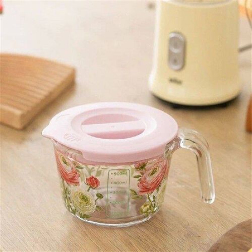 Retro Flower Measuring Cup with Lid Glass Milk Juice Cup