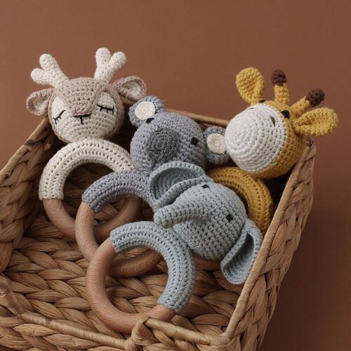 1pc Wooden Crochet Bunny Rattle Toy BPA Free Wood Ring Baby