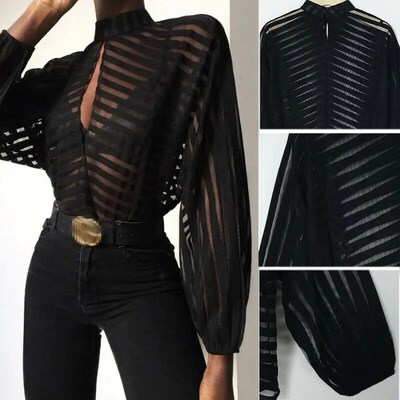 Women Mesh Net Blouse Sheer Long Sleeve Ladies Shirt Black F