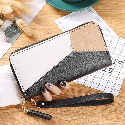 Contrasting Color Stitching Women Wallet Zipper Tassel Long