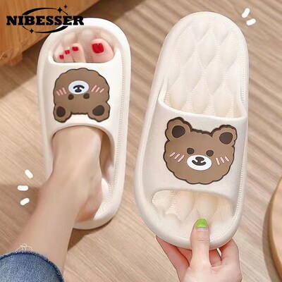 Women Summer Slippers Beach Slides Cartoon Bear Flip Flops M