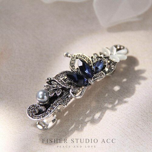 Korean Red Crystal Flower Bow Spring Hairpin Vintage Ink Blu