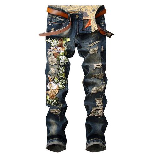 In Stock 2025 Punk Mens Jeans Embroidered Tiger Head Small