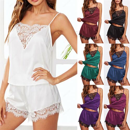 Ladies Women Shorts Sets Satin Lace Sleepwear Lingerie 2pcs