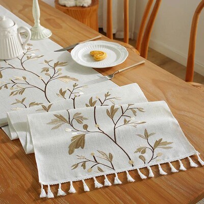 Luxury Embroidered Cotton Linen Table Runner Tablecloth Tass